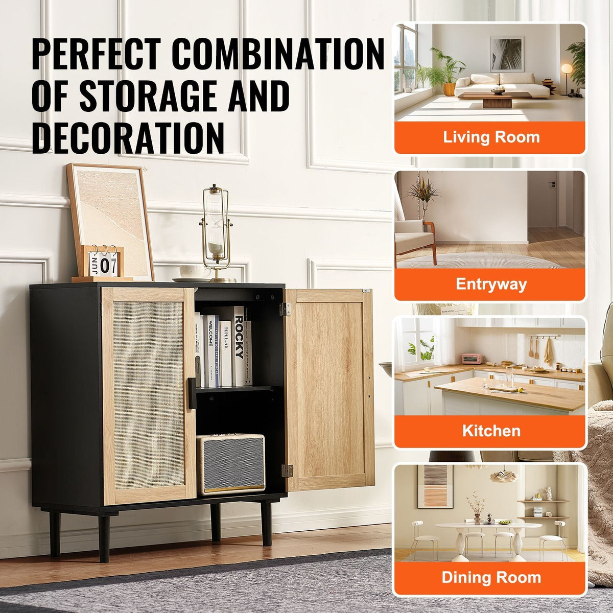 Rattan Cabinet, Rattan Storage Cabinet with 2 Magnetic Doors and Adjustable Shelves, Sideboard Buffet Cabinet for Hallway, Entryway, Living Room, or Kitchen, Black