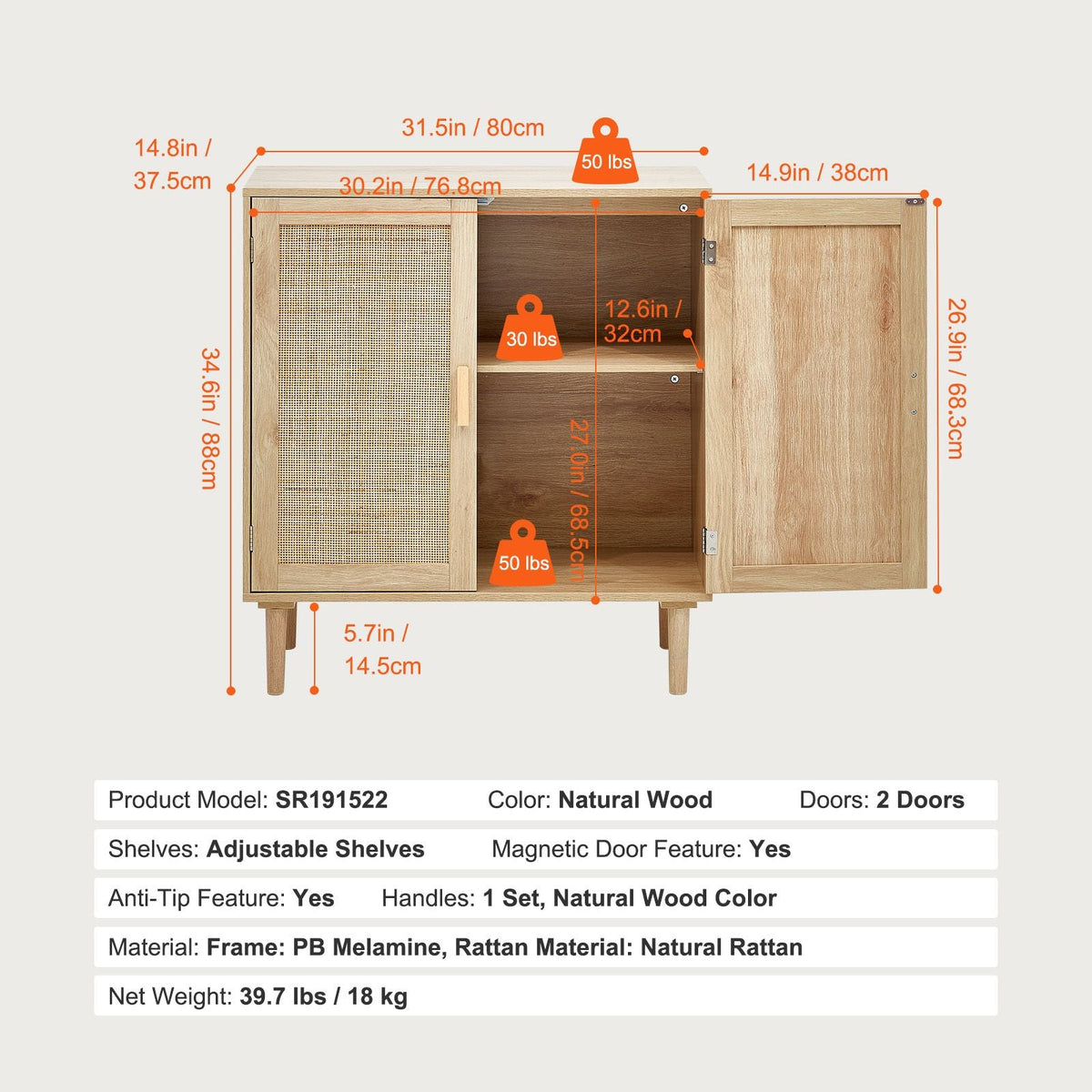 Rattan Cabinet, Rattan Storage Cabinet with 2 Magnetic Doors and Adjustable Shelves, Sideboard Buffet Cabinet for Hallway, Entryway, Living Room, or Kitchen, Natural