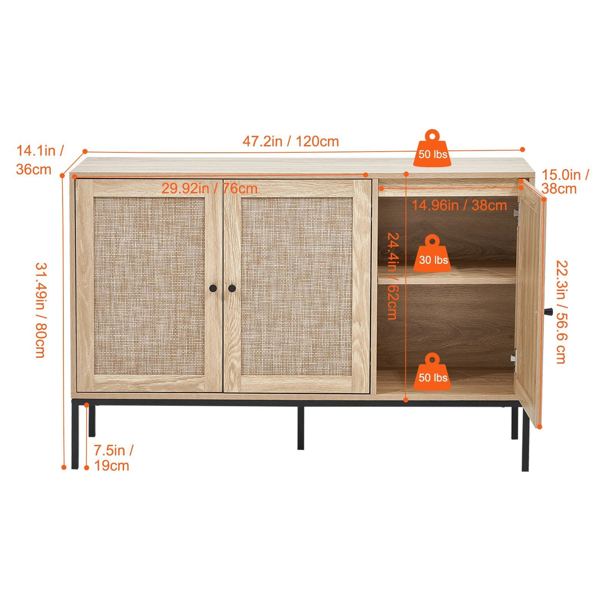 Rattan Cabinet, Rattan Storage Cabinet with 3 Magnetic Doors and Adjustable Shelves, Sideboard Buffet Cabinet for Hallway, Entryway, Living Room, or Kitchen, Natural
