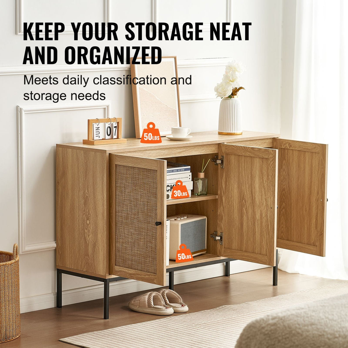 Rattan Cabinet, Rattan Storage Cabinet with 3 Magnetic Doors and Adjustable Shelves, Sideboard Buffet Cabinet for Hallway, Entryway, Living Room, or Kitchen, Natural