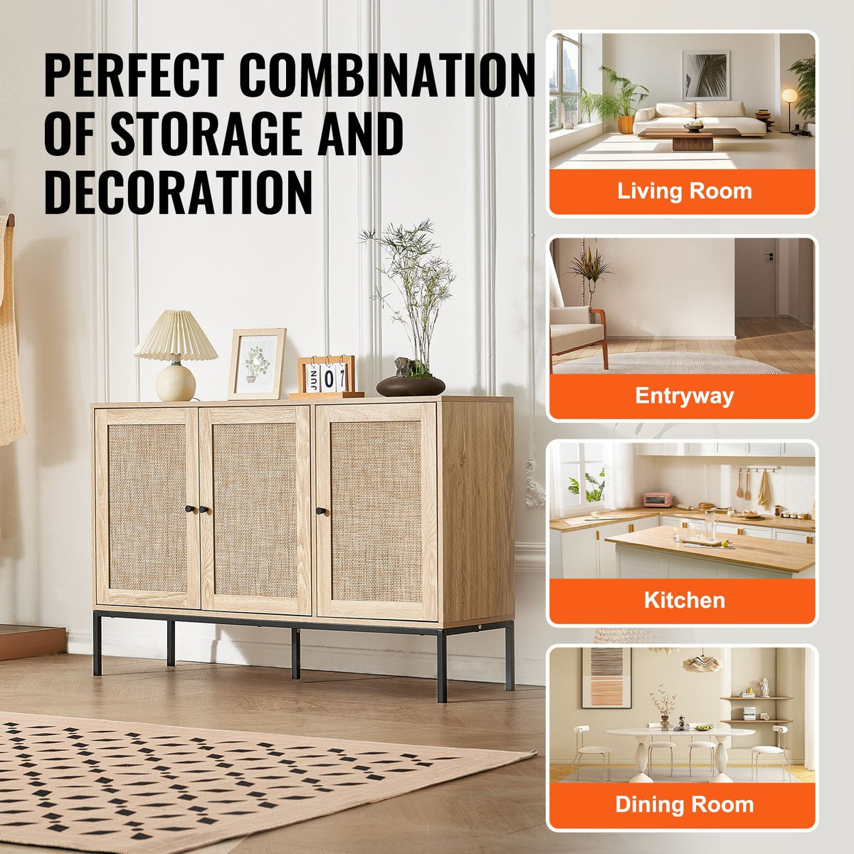 Rattan Cabinet, Rattan Storage Cabinet with 3 Magnetic Doors and Adjustable Shelves, Sideboard Buffet Cabinet for Hallway, Entryway, Living Room, or Kitchen, Natural