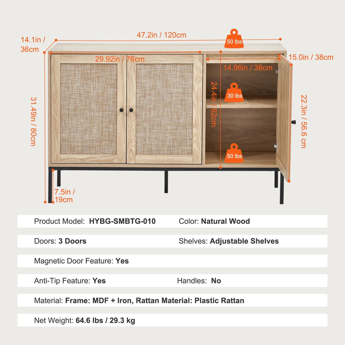 Rattan Cabinet, Rattan Storage Cabinet with 3 Magnetic Doors and Adjustable Shelves, Sideboard Buffet Cabinet for Hallway, Entryway, Living Room, or Kitchen, Natural