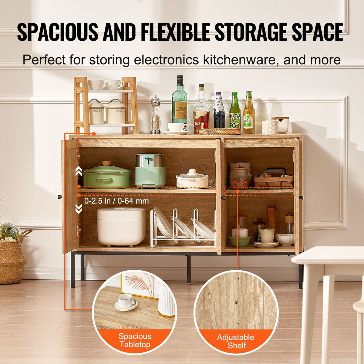 Rattan Cabinet, Rattan Storage Cabinet with 3 Magnetic Doors and Adjustable Shelves, Sideboard Buffet Cabinet for Hallway, Entryway, Living Room, or Kitchen, Natural