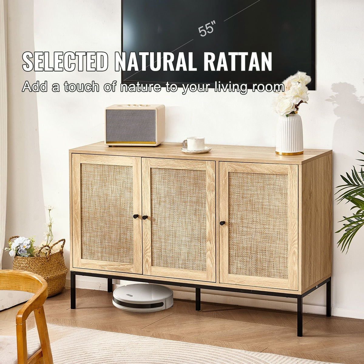 Rattan Cabinet, Rattan Storage Cabinet with 3 Magnetic Doors and Adjustable Shelves, Sideboard Buffet Cabinet for Hallway, Entryway, Living Room, or Kitchen, Natural