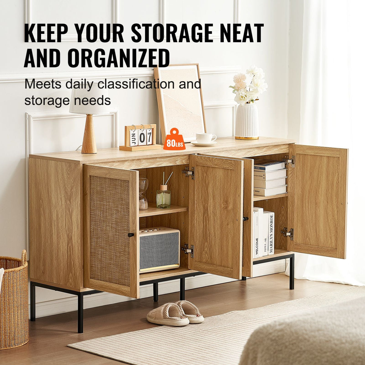 Rattan Cabinet, Rattan Storage Cabinet with 4 Magnetic Doors and Adjustable Shelves, Sideboard Buffet Cabinet for Hallway, Entryway, Living Room, or Kitchen, Natural
