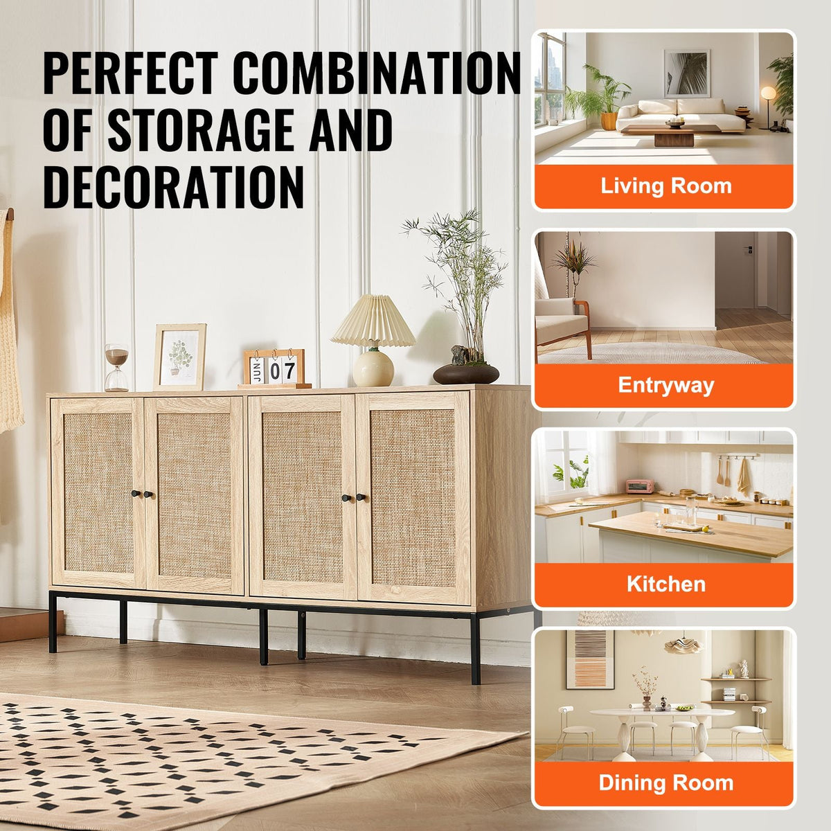 Rattan Cabinet, Rattan Storage Cabinet with 4 Magnetic Doors and Adjustable Shelves, Sideboard Buffet Cabinet for Hallway, Entryway, Living Room, or Kitchen, Natural