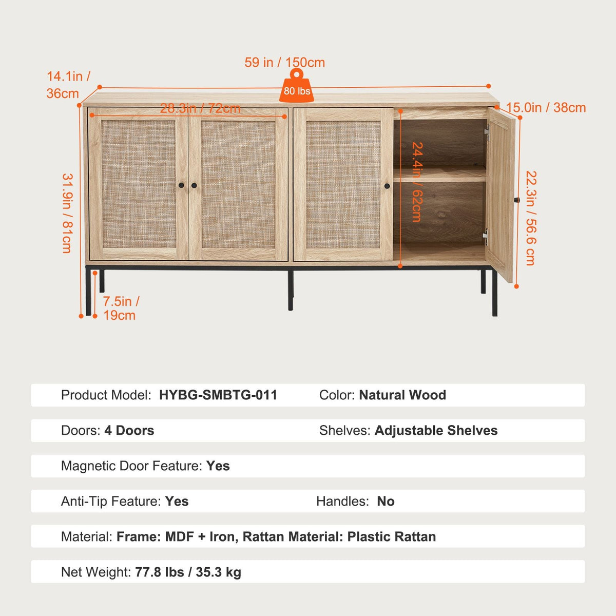 Rattan Cabinet, Rattan Storage Cabinet with 4 Magnetic Doors and Adjustable Shelves, Sideboard Buffet Cabinet for Hallway, Entryway, Living Room, or Kitchen, Natural