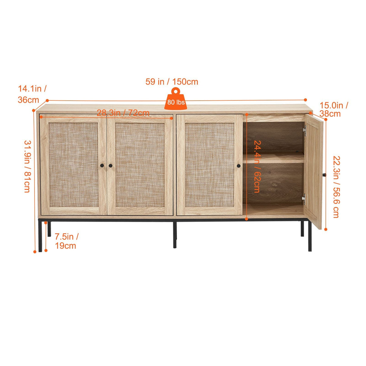 Rattan Cabinet, Rattan Storage Cabinet with 4 Magnetic Doors and Adjustable Shelves, Sideboard Buffet Cabinet for Hallway, Entryway, Living Room, or Kitchen, Natural