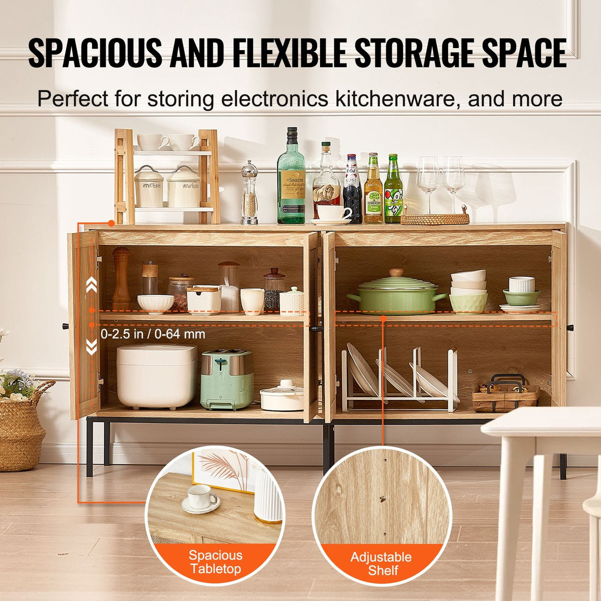 Rattan Cabinet, Rattan Storage Cabinet with 4 Magnetic Doors and Adjustable Shelves, Sideboard Buffet Cabinet for Hallway, Entryway, Living Room, or Kitchen, Natural