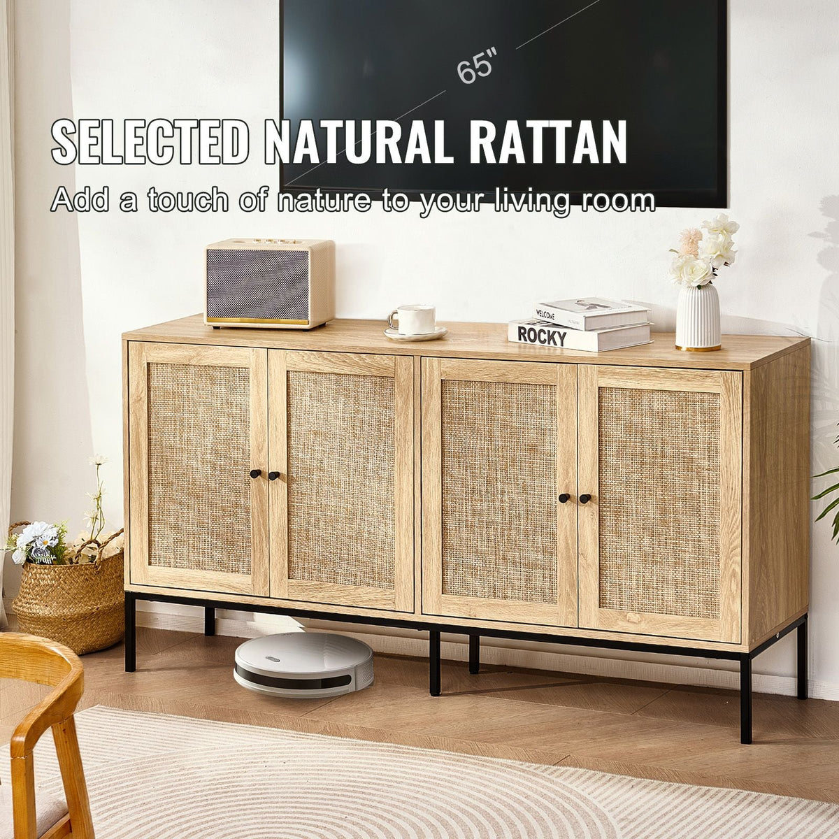 Rattan Cabinet, Rattan Storage Cabinet with 4 Magnetic Doors and Adjustable Shelves, Sideboard Buffet Cabinet for Hallway, Entryway, Living Room, or Kitchen, Natural