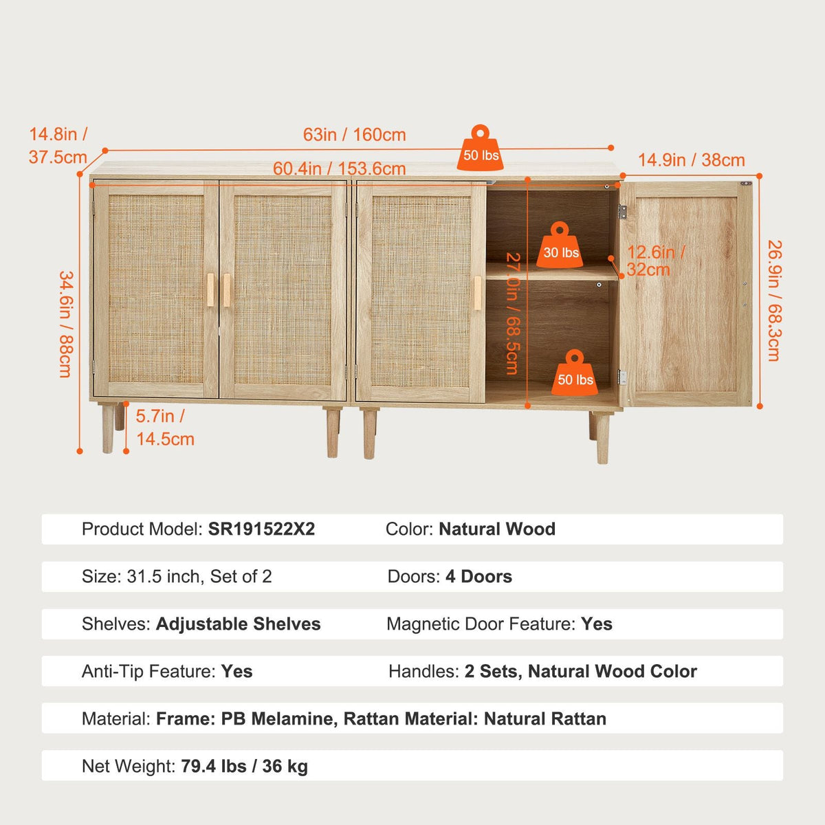 Rattan Cabinet, Set of 2, Rattan Storage Cabinet with 4 Magnetic Doors and Adjustable Shelves, Sideboard Buffet Cabinet for Hallway, Entryway, Living Room, or Kitchen, Natural