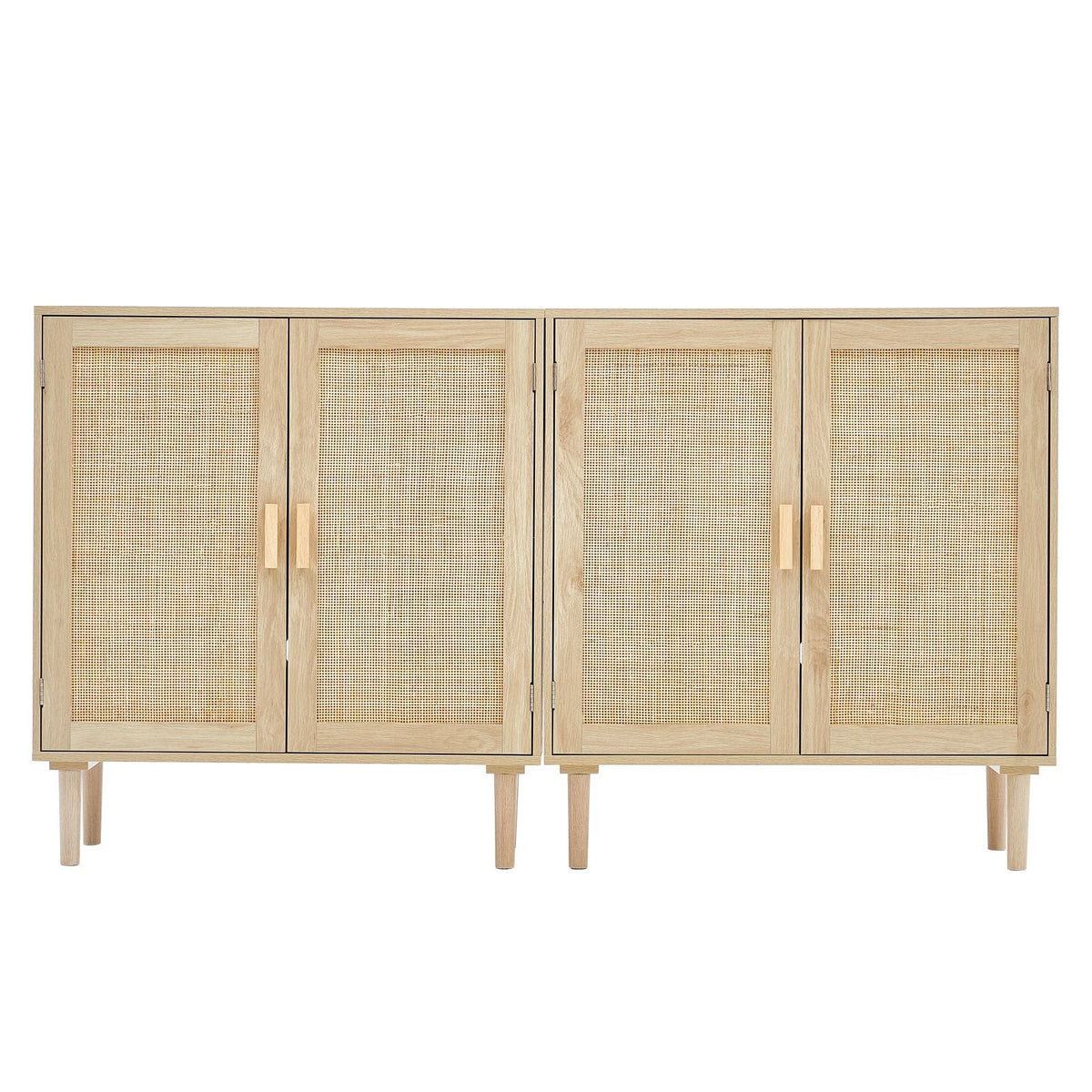 Rattan Cabinet, Set of 2, Rattan Storage Cabinet with 4 Magnetic Doors and Adjustable Shelves, Sideboard Buffet Cabinet for Hallway, Entryway, Living Room, or Kitchen, Natural