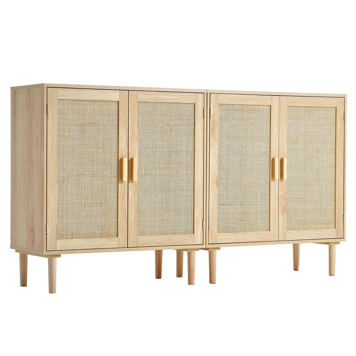 Rattan Cabinet, Set of 2, Rattan Storage Cabinet with 4 Magnetic Doors and Adjustable Shelves, Sideboard Buffet Cabinet for Hallway, Entryway, Living Room, or Kitchen, Natural
