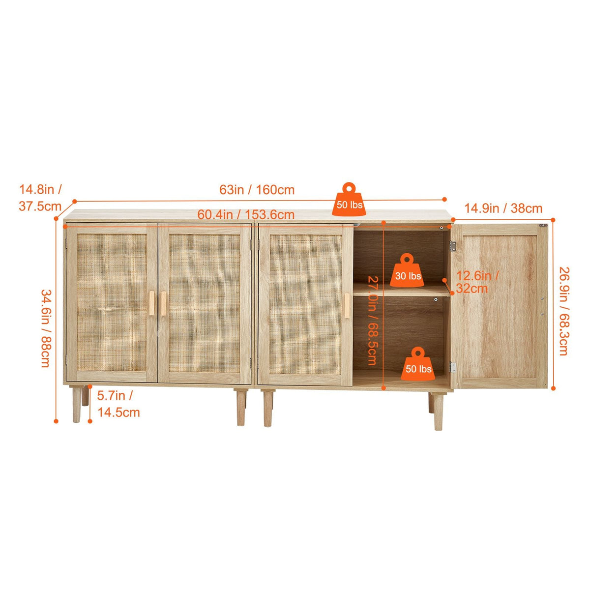 Rattan Cabinet, Set of 2, Rattan Storage Cabinet with 4 Magnetic Doors and Adjustable Shelves, Sideboard Buffet Cabinet for Hallway, Entryway, Living Room, or Kitchen, Natural
