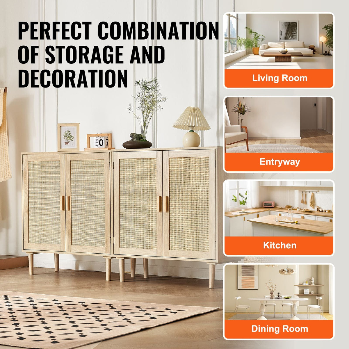 Rattan Cabinet, Set of 2, Rattan Storage Cabinet with 4 Magnetic Doors and Adjustable Shelves, Sideboard Buffet Cabinet for Hallway, Entryway, Living Room, or Kitchen, Natural
