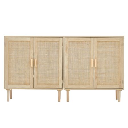 Rattan Cabinet, Set of 2, Rattan Storage Cabinet with 4 Magnetic Doors and Adjustable Shelves, Sideboard Buffet Cabinet for Hallway, Entryway, Living Room, or Kitchen, Natural