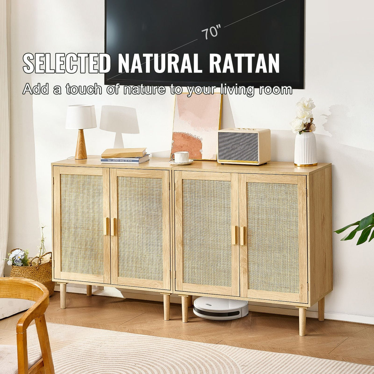 Rattan Cabinet, Set of 2, Rattan Storage Cabinet with 4 Magnetic Doors and Adjustable Shelves, Sideboard Buffet Cabinet for Hallway, Entryway, Living Room, or Kitchen, Natural