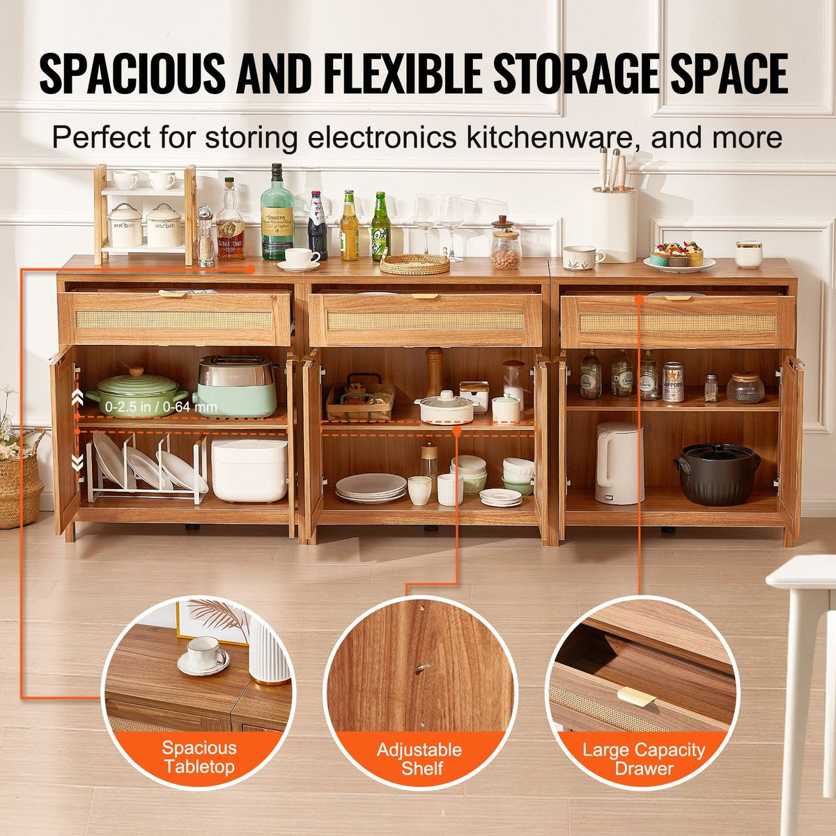 Rattan Cabinet, Set of 3, Rattan Storage Cabinet with 6 Magnetic Doors and 3 Drawers, Sideboard Buffet Cabinet with Adjustable Shelves, for Hallway, Entryway, Living Room, or Kitchen, Natural