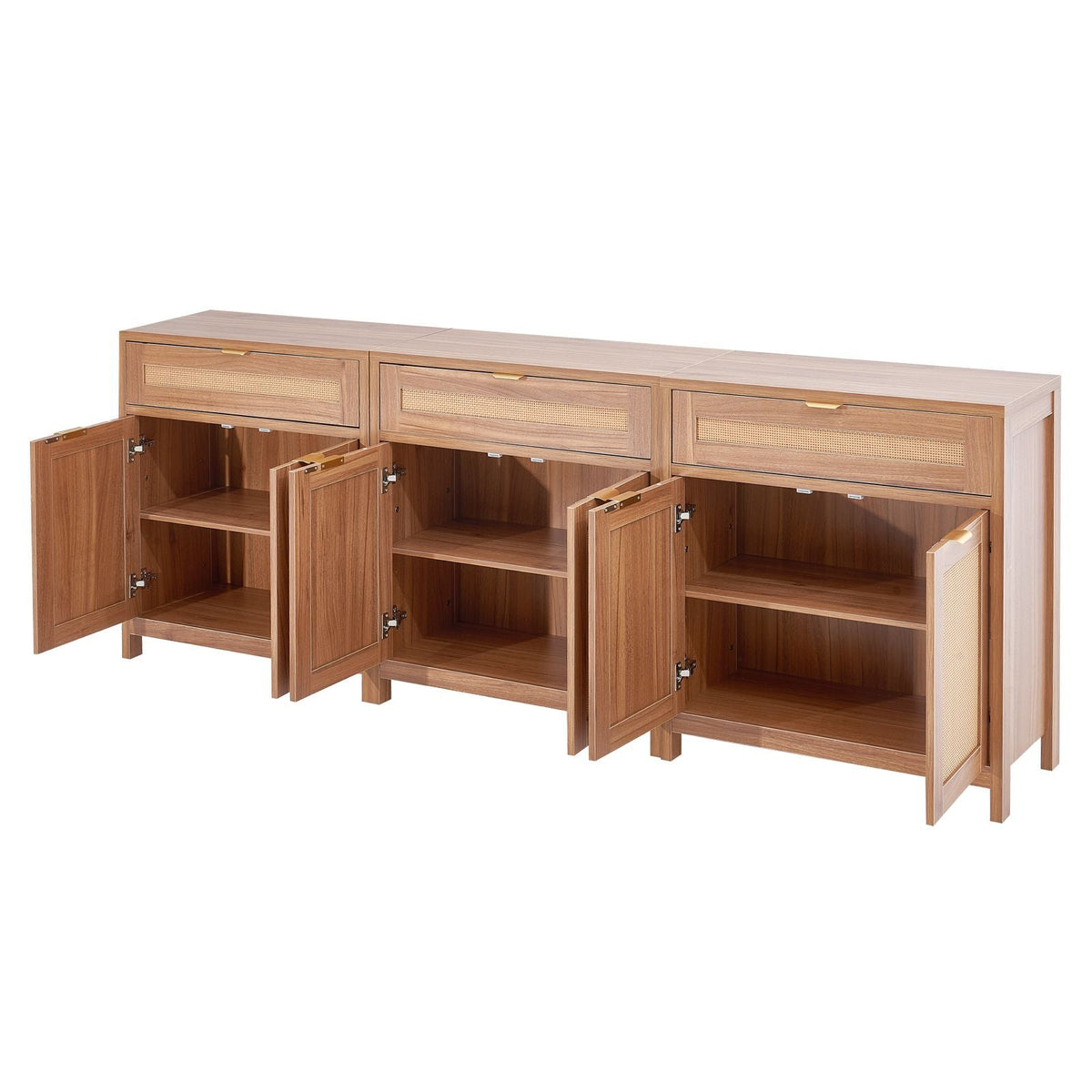 Rattan Cabinet, Set of 3, Rattan Storage Cabinet with 6 Magnetic Doors and 3 Drawers, Sideboard Buffet Cabinet with Adjustable Shelves, for Hallway, Entryway, Living Room, or Kitchen, Natural