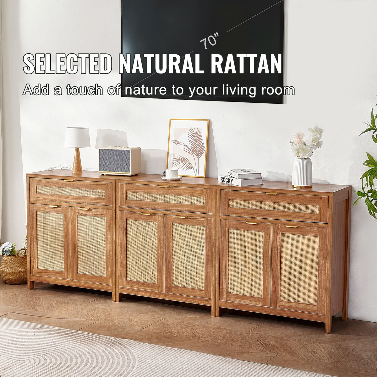 Rattan Cabinet, Set of 3, Rattan Storage Cabinet with 6 Magnetic Doors and 3 Drawers, Sideboard Buffet Cabinet with Adjustable Shelves, for Hallway, Entryway, Living Room, or Kitchen, Natural