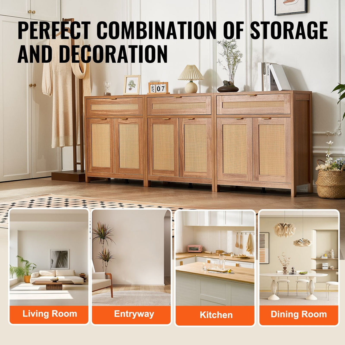 Rattan Cabinet, Set of 3, Rattan Storage Cabinet with 6 Magnetic Doors and 3 Drawers, Sideboard Buffet Cabinet with Adjustable Shelves, for Hallway, Entryway, Living Room, or Kitchen, Natural