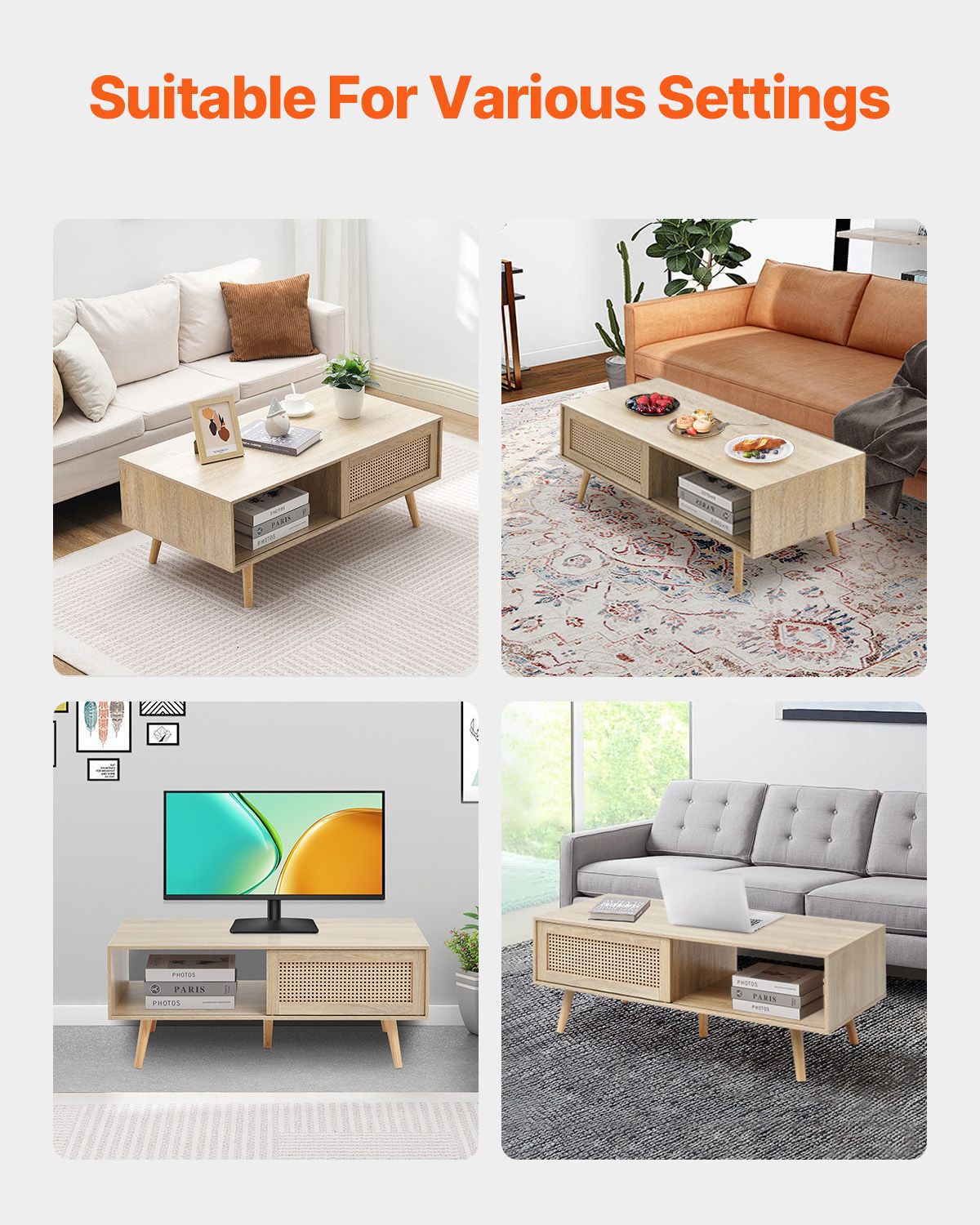 Rattan Coffee Table, Mid Century Modern Coffee Table, Rectangle Wood Coffee Table, 42 Inch Modern Boho Style Two Layers Storage Coffee Table, for Living Room, Bedroom & Small Spaces
