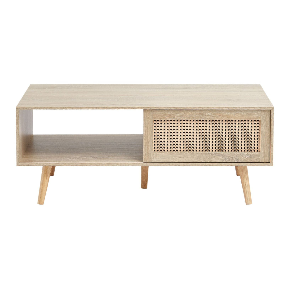 Rattan Coffee Table, Mid Century Modern Coffee Table, Rectangle Wood Coffee Table, 42 Inch Modern Boho Style Two Layers Storage Coffee Table, for Living Room, Bedroom & Small Spaces