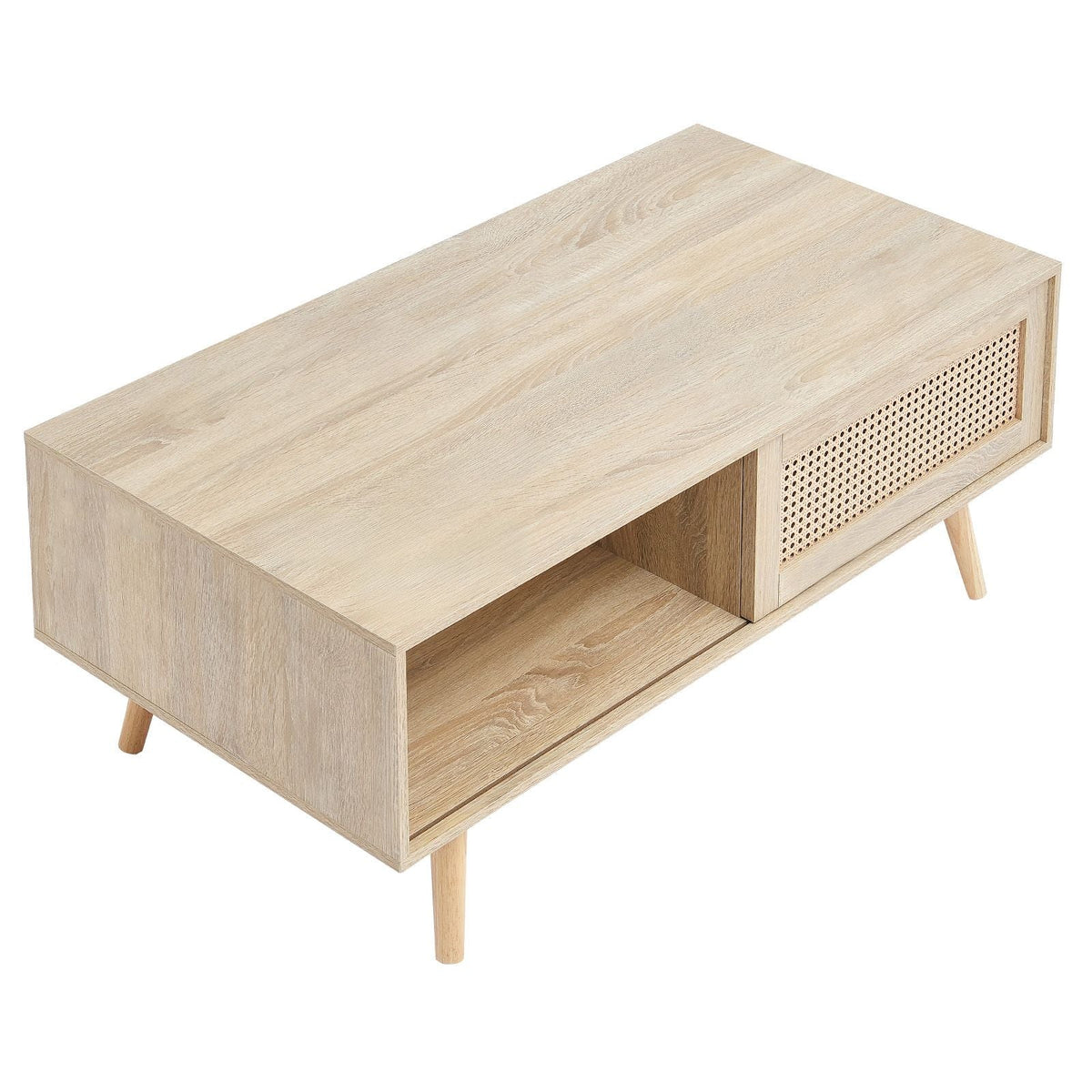 Rattan Coffee Table, Mid Century Modern Coffee Table, Rectangle Wood Coffee Table, 42 Inch Modern Boho Style Two Layers Storage Coffee Table, for Living Room, Bedroom & Small Spaces