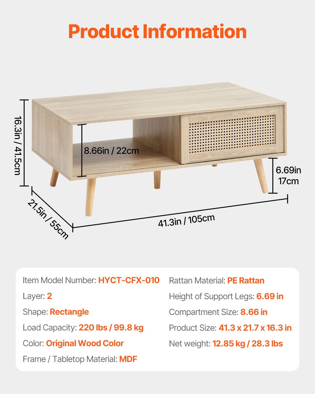 Rattan Coffee Table, Mid Century Modern Coffee Table, Rectangle Wood Coffee Table, 42 Inch Modern Boho Style Two Layers Storage Coffee Table, for Living Room, Bedroom & Small Spaces