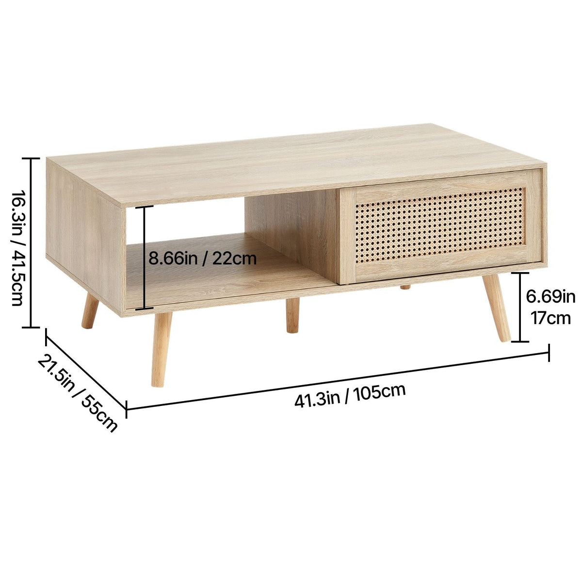 Rattan Coffee Table, Mid Century Modern Coffee Table, Rectangle Wood Coffee Table, 42 Inch Modern Boho Style Two Layers Storage Coffee Table, for Living Room, Bedroom & Small Spaces