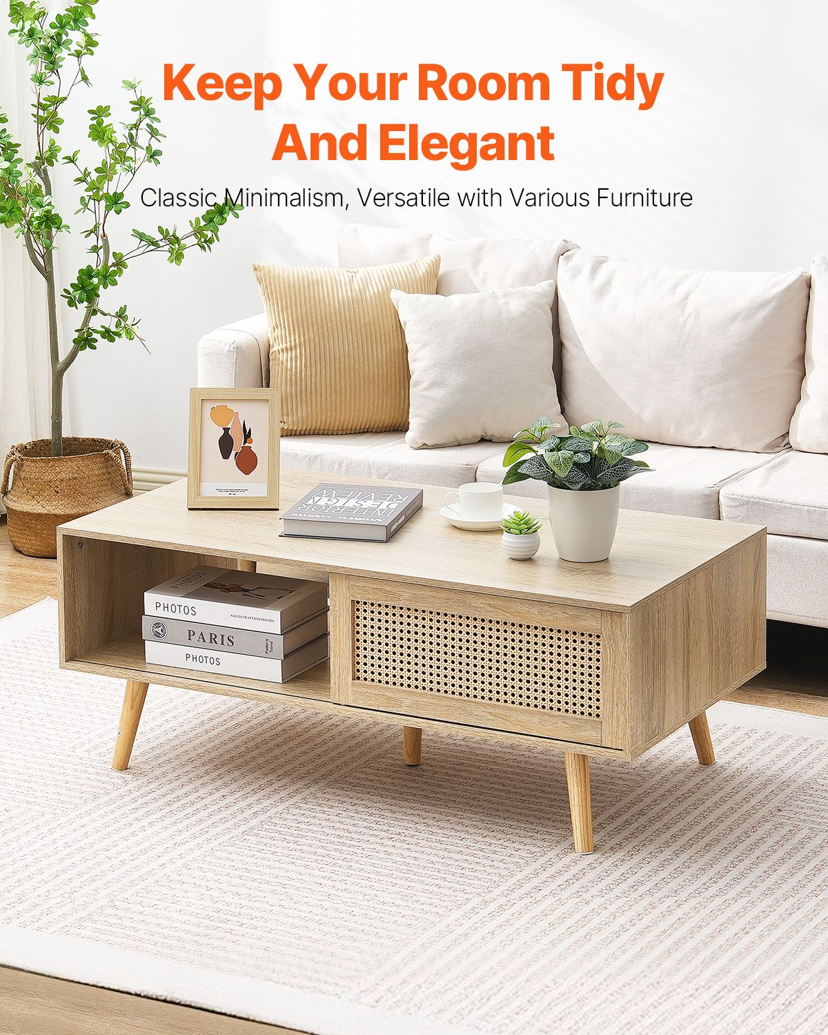 Rattan Coffee Table, Mid Century Modern Coffee Table, Rectangle Wood Coffee Table, 42 Inch Modern Boho Style Two Layers Storage Coffee Table, for Living Room, Bedroom & Small Spaces