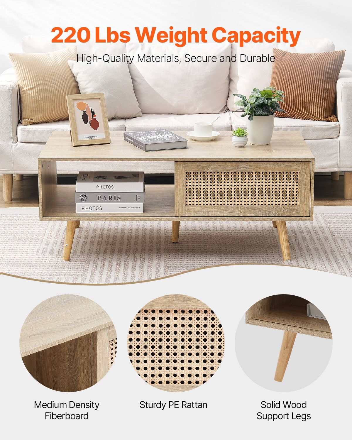 Rattan Coffee Table, Mid Century Modern Coffee Table, Rectangle Wood Coffee Table, 42 Inch Modern Boho Style Two Layers Storage Coffee Table, for Living Room, Bedroom & Small Spaces