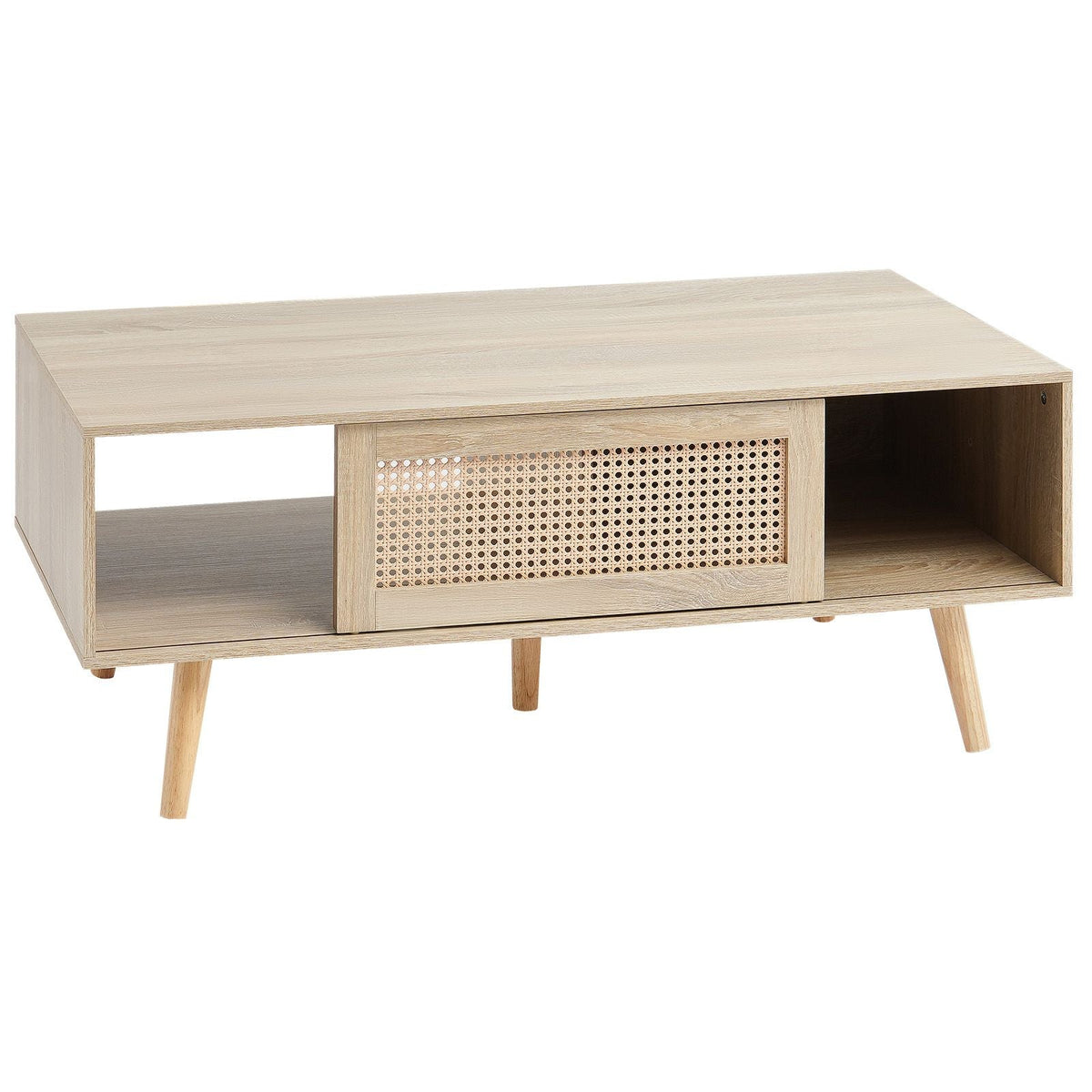 Rattan Coffee Table, Mid Century Modern Coffee Table, Rectangle Wood Coffee Table, 42 Inch Modern Boho Style Two Layers Storage Coffee Table, for Living Room, Bedroom & Small Spaces