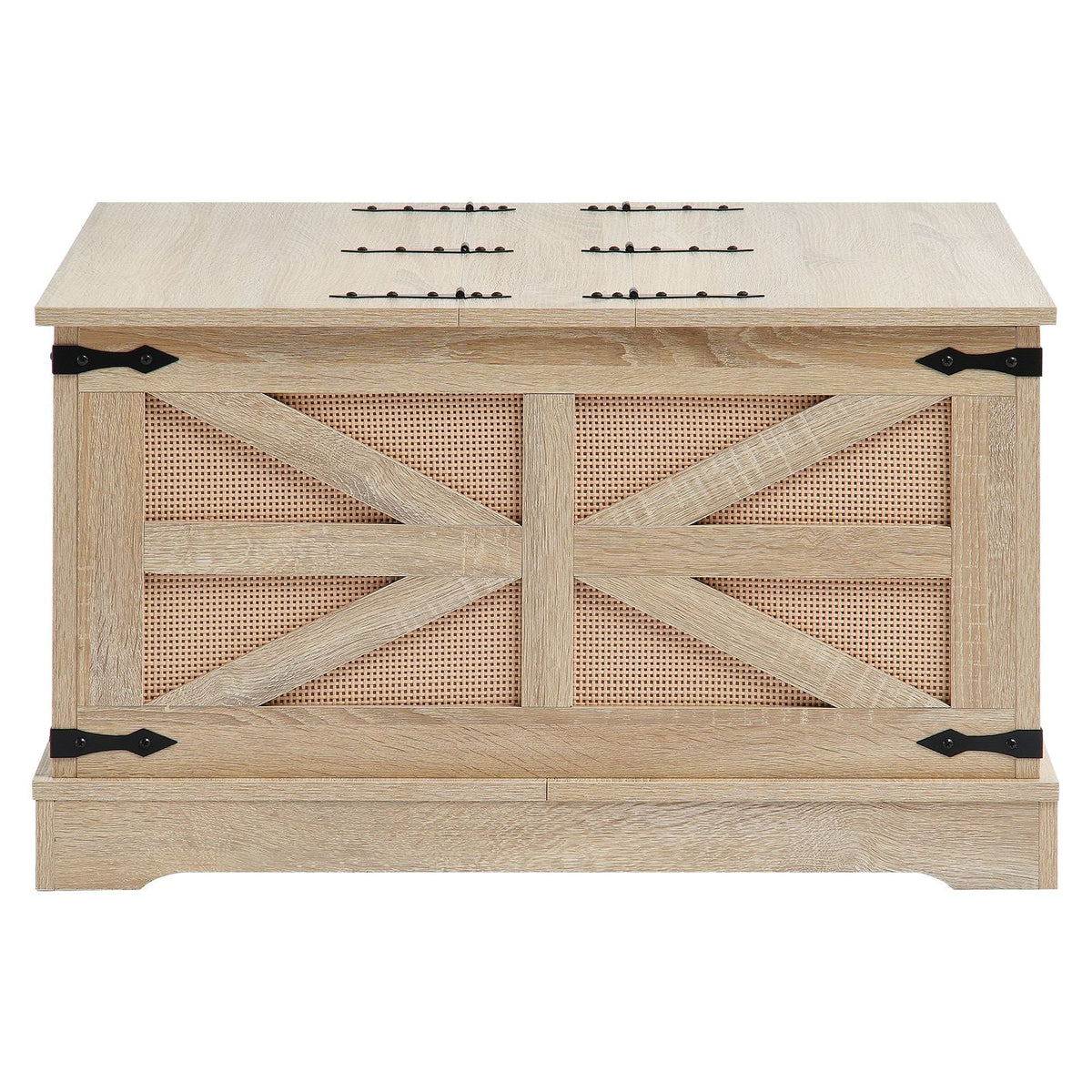 Rattan Coffee Table, Rectangle PE Rattan Woven Wood Coffee Table with MDF Top, 32-Inch Modern Boho Style Storage Coffee Table with Retro Metal Hinges, for Living Room, Bedroom & Small Spaces
