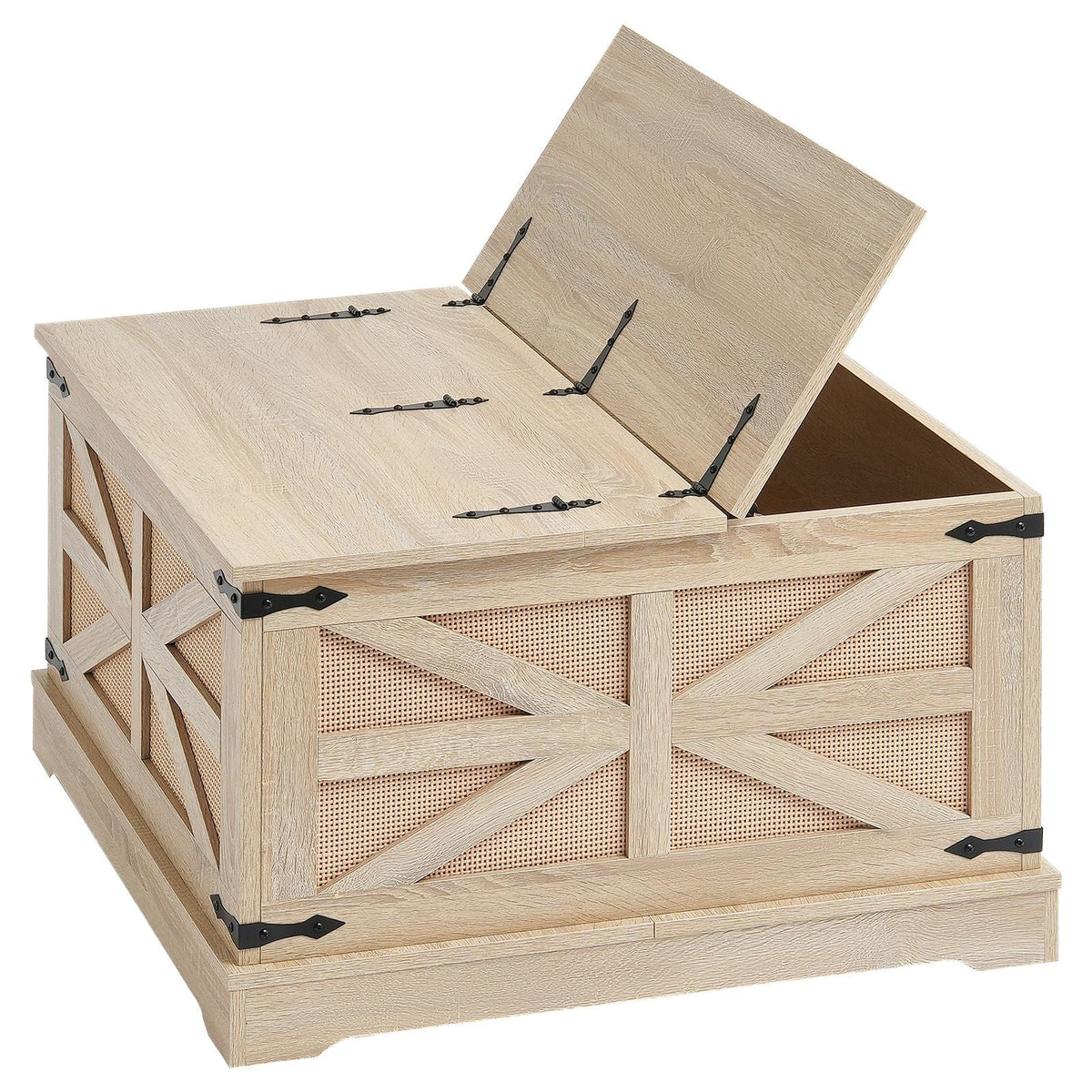 Rattan Coffee Table, Rectangle PE Rattan Woven Wood Coffee Table with MDF Top, 32-Inch Modern Boho Style Storage Coffee Table with Retro Metal Hinges, for Living Room, Bedroom & Small Spaces