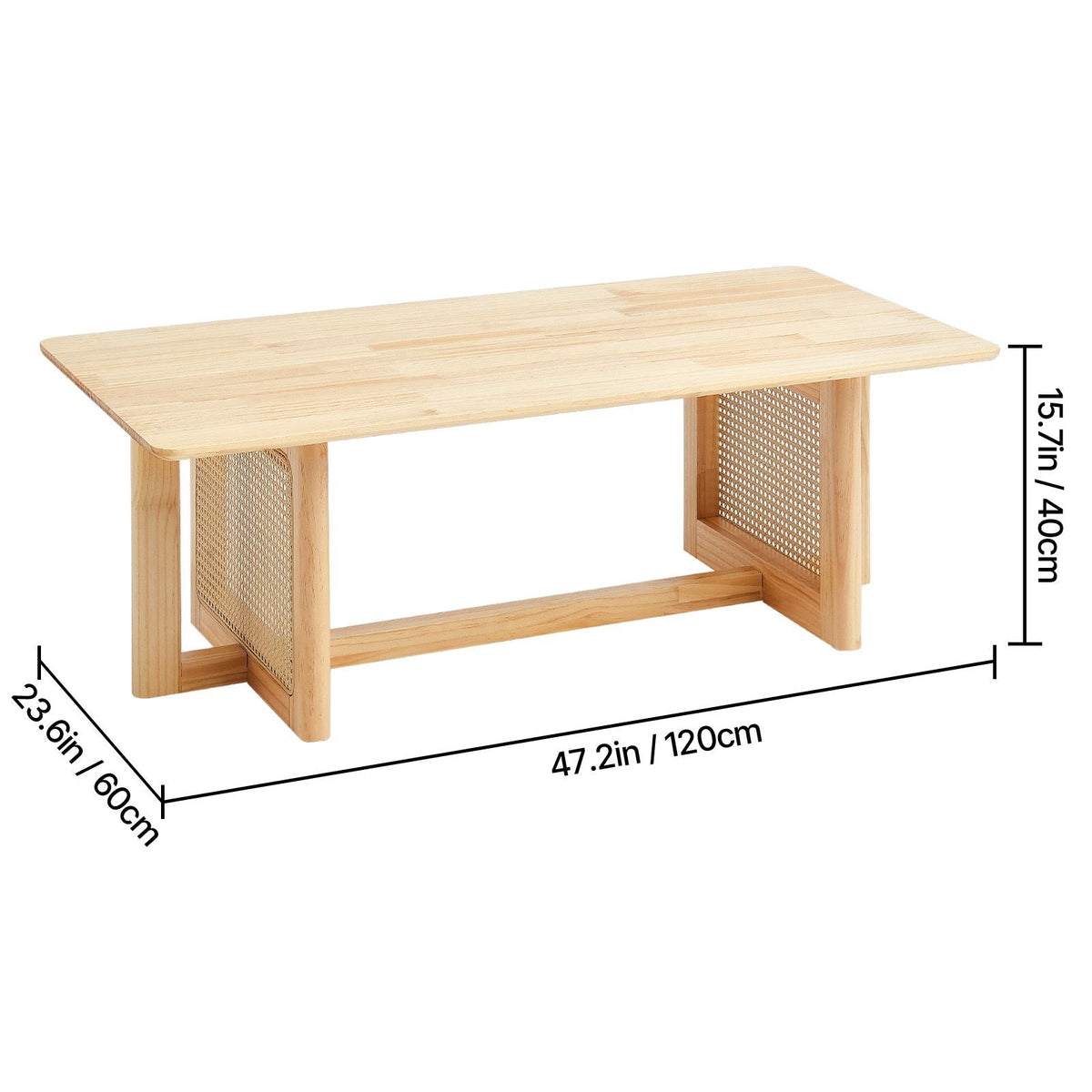 Rattan Coffee Table, Rectangle Rattan Woven Wood Coffee Table with Rubber Wood Top, 47-Inch Modern Boho Storage Coffee Table with Natural Wood Legs, for Living Room, Bedroom & Small Spaces