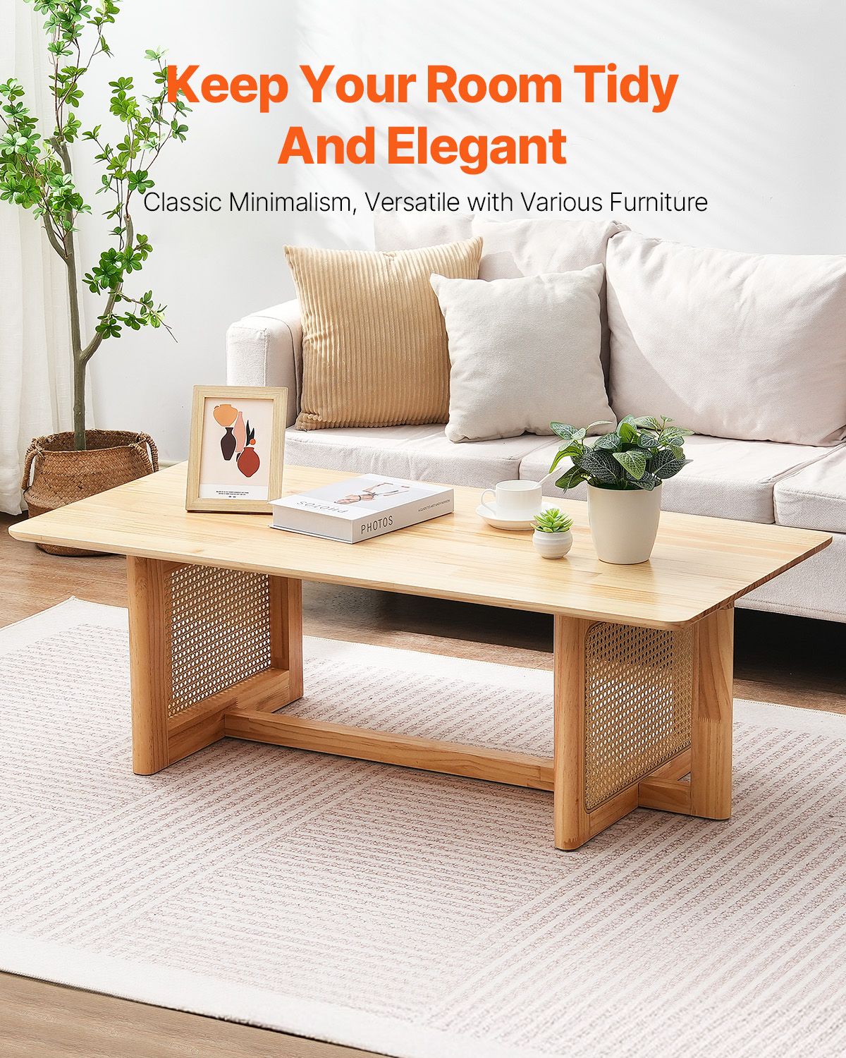 Rattan Coffee Table, Rectangle Rattan Woven Wood Coffee Table with Rubber Wood Top, 47-Inch Modern Boho Storage Coffee Table with Natural Wood Legs, for Living Room, Bedroom & Small Spaces