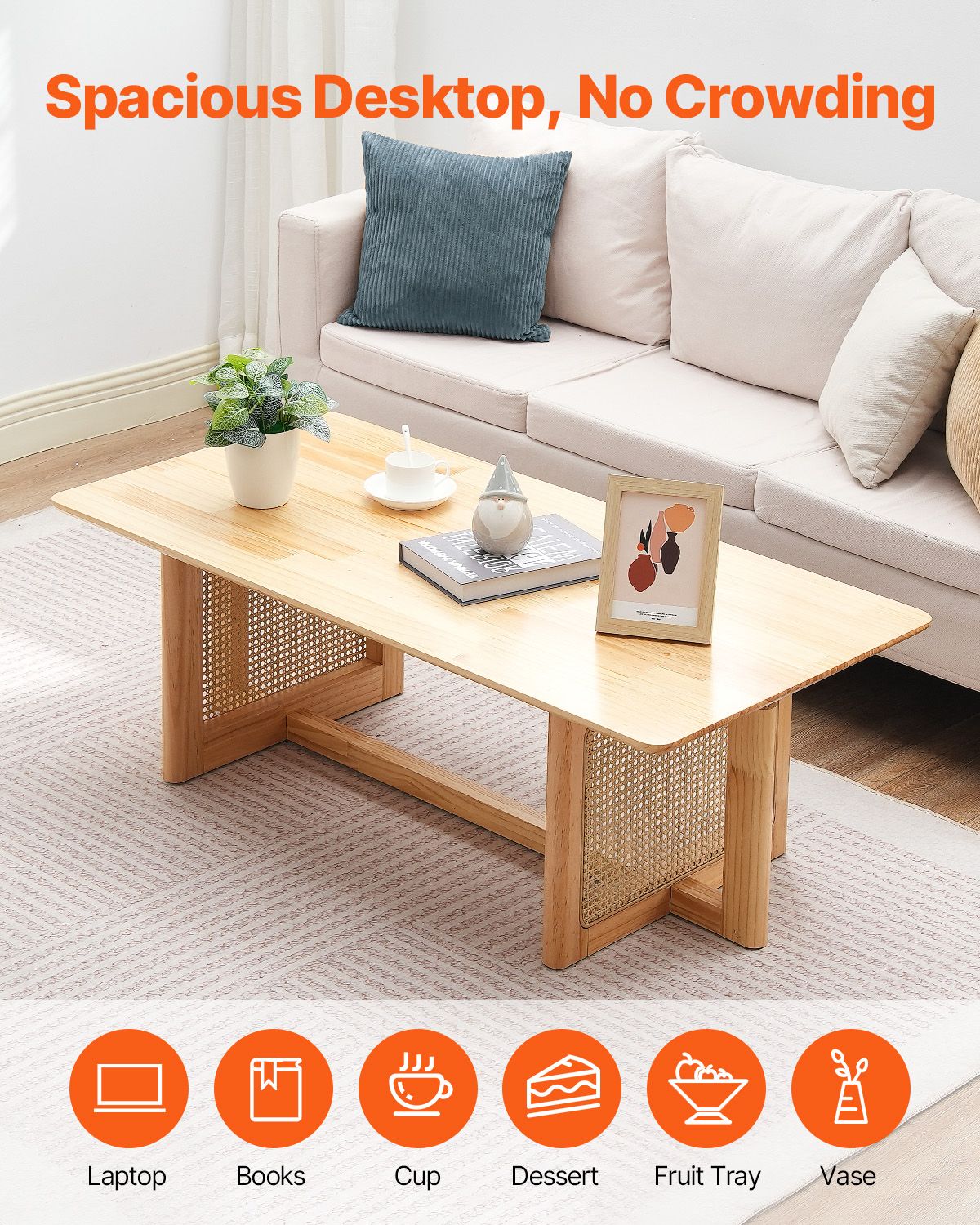 Rattan Coffee Table, Rectangle Rattan Woven Wood Coffee Table with Rubber Wood Top, 47-Inch Modern Boho Storage Coffee Table with Natural Wood Legs, for Living Room, Bedroom & Small Spaces