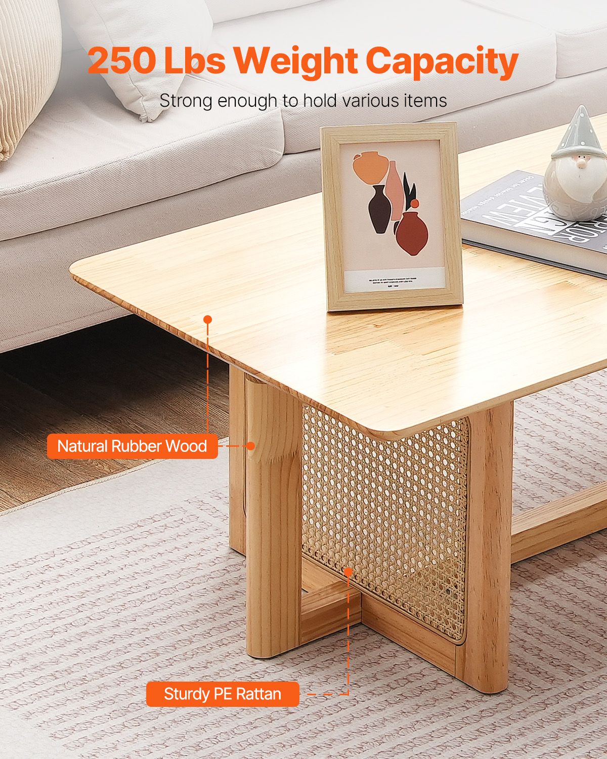 Rattan Coffee Table, Rectangle Rattan Woven Wood Coffee Table with Rubber Wood Top, 47-Inch Modern Boho Storage Coffee Table with Natural Wood Legs, for Living Room, Bedroom & Small Spaces