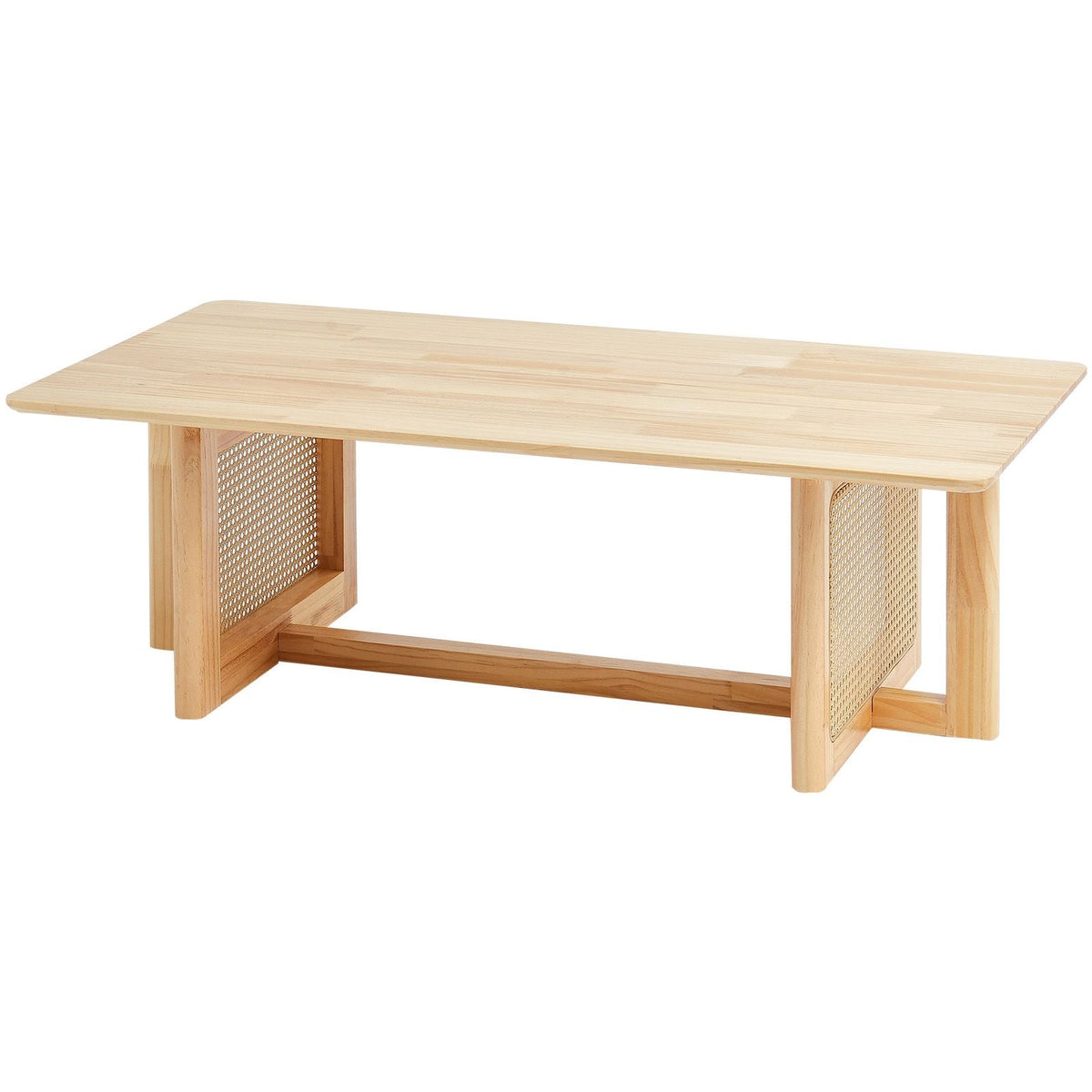 Rattan Coffee Table, Rectangle Rattan Woven Wood Coffee Table with Rubber Wood Top, 47-Inch Modern Boho Storage Coffee Table with Natural Wood Legs, for Living Room, Bedroom & Small Spaces