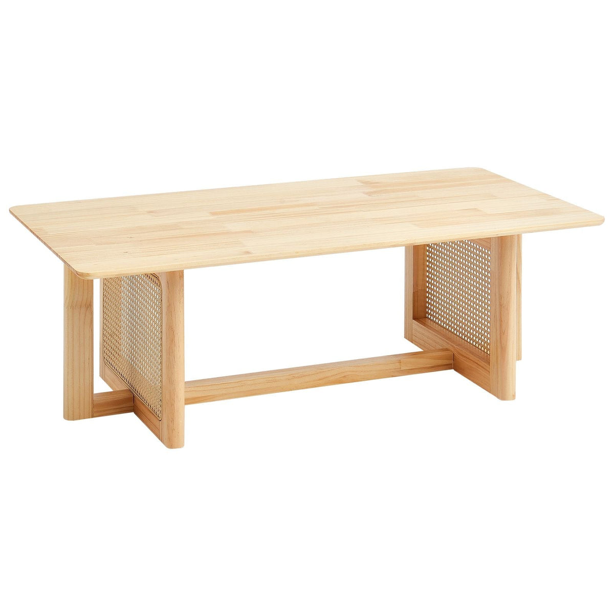 Rattan Coffee Table, Rectangle Rattan Woven Wood Coffee Table with Rubber Wood Top, 47-Inch Modern Boho Storage Coffee Table with Natural Wood Legs, for Living Room, Bedroom & Small Spaces