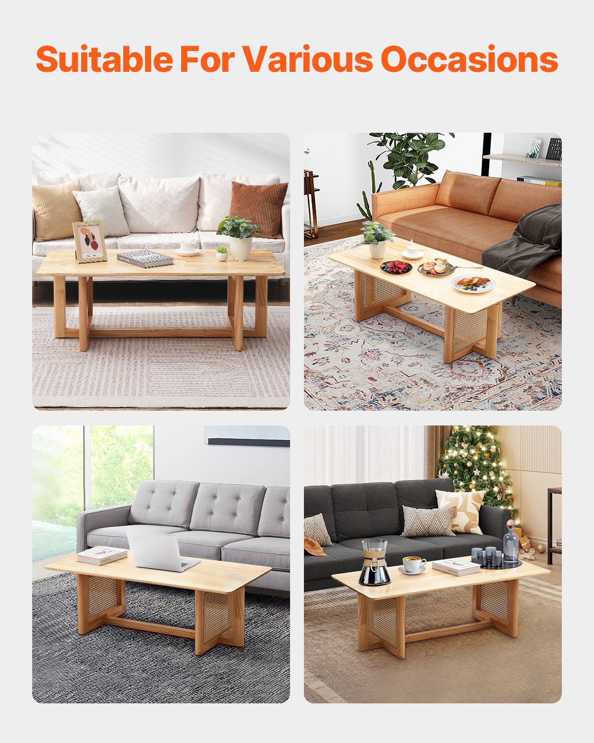 Rattan Coffee Table, Rectangle Rattan Woven Wood Coffee Table with Rubber Wood Top, 47-Inch Modern Boho Storage Coffee Table with Natural Wood Legs, for Living Room, Bedroom & Small Spaces