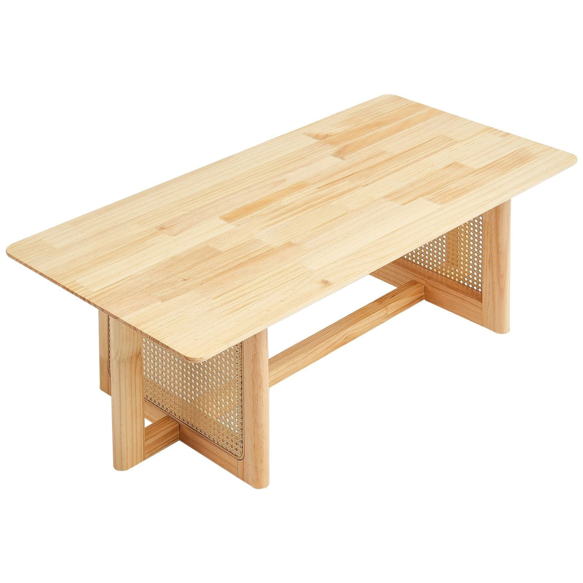 Rattan Coffee Table, Rectangle Rattan Woven Wood Coffee Table with Rubber Wood Top, 47-Inch Modern Boho Storage Coffee Table with Natural Wood Legs, for Living Room, Bedroom & Small Spaces