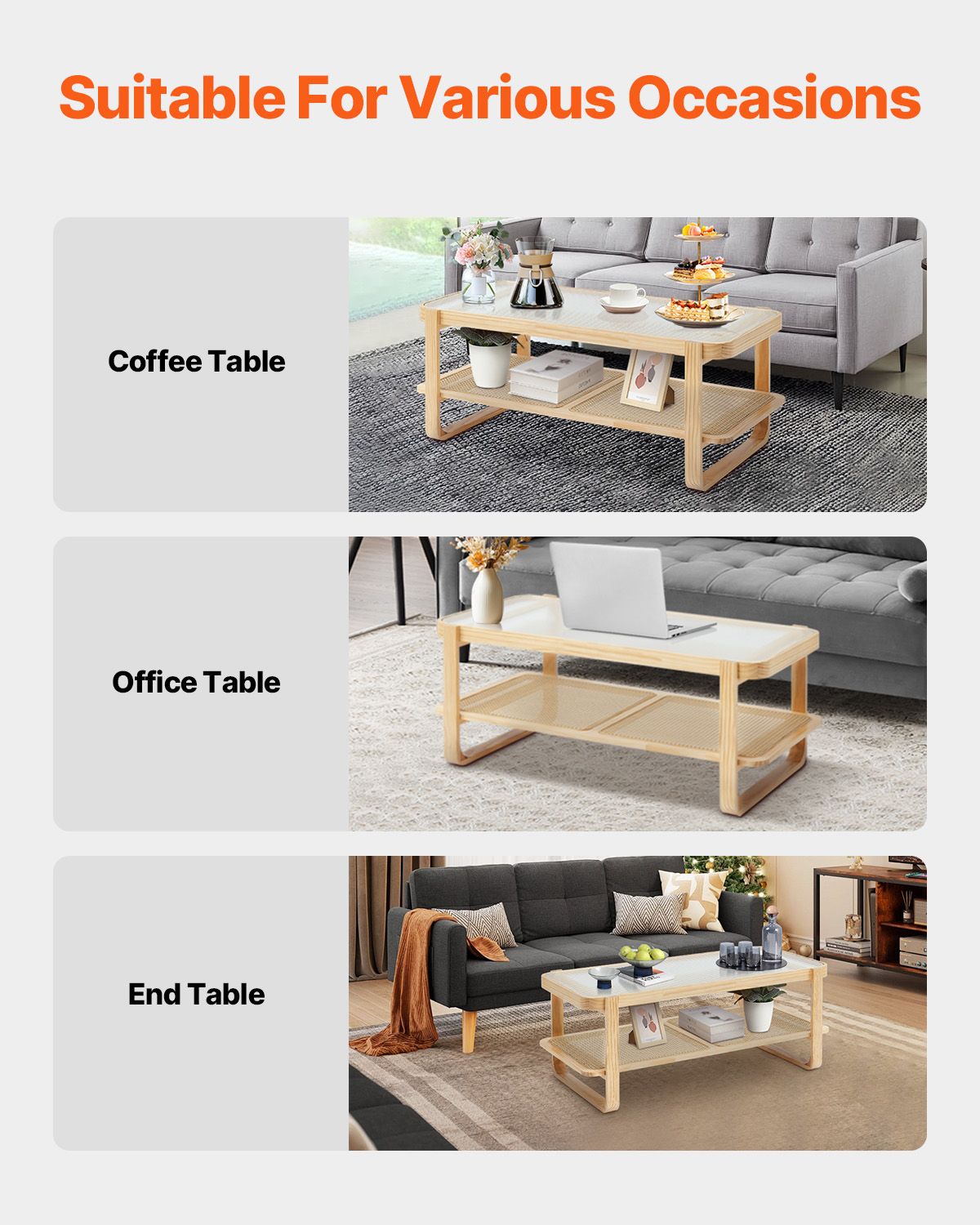 Rattan Coffee Table, Rectangle Rattan Woven Wood Coffee Table with Tempered Glass Top, 45-Inch Modern Boho Storage Coffee Table with Natural Wood Legs, for Living Room, Bedroom & Small Spaces