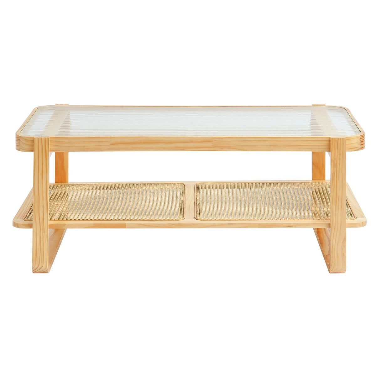 Rattan Coffee Table, Rectangle Rattan Woven Wood Coffee Table with Tempered Glass Top, 45-Inch Modern Boho Storage Coffee Table with Natural Wood Legs, for Living Room, Bedroom & Small Spaces