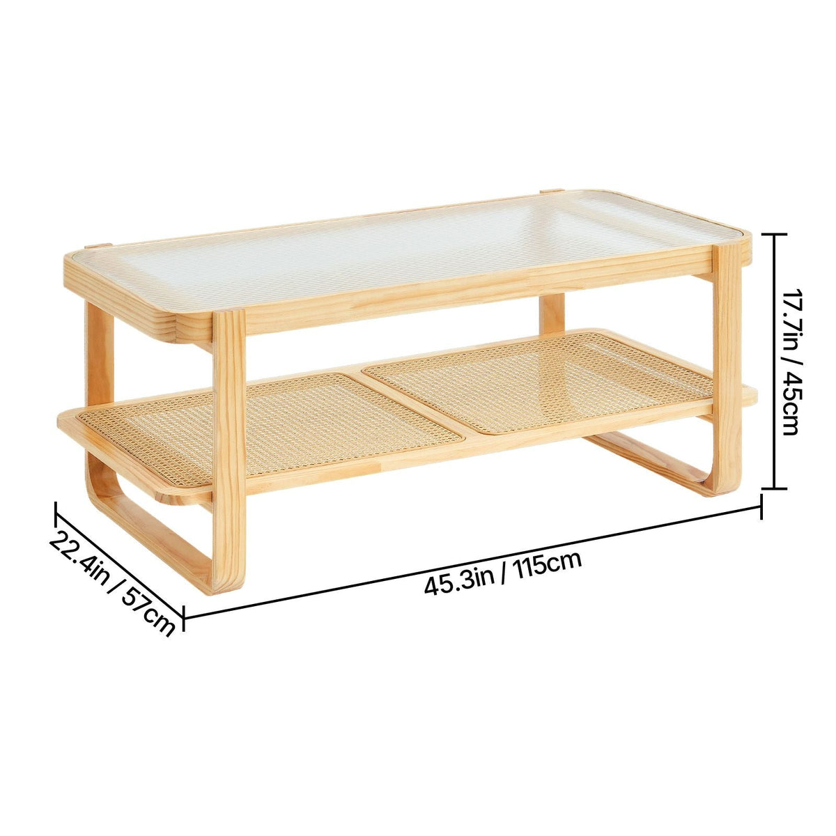 Rattan Coffee Table, Rectangle Rattan Woven Wood Coffee Table with Tempered Glass Top, 45-Inch Modern Boho Storage Coffee Table with Natural Wood Legs, for Living Room, Bedroom & Small Spaces