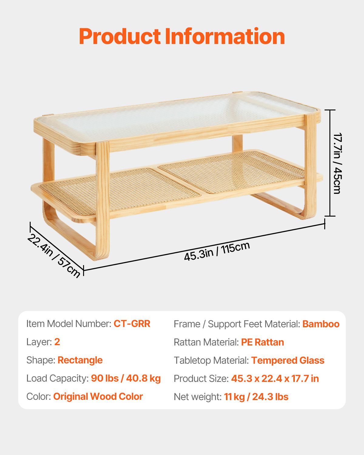 Rattan Coffee Table, Rectangle Rattan Woven Wood Coffee Table with Tempered Glass Top, 45-Inch Modern Boho Storage Coffee Table with Natural Wood Legs, for Living Room, Bedroom & Small Spaces