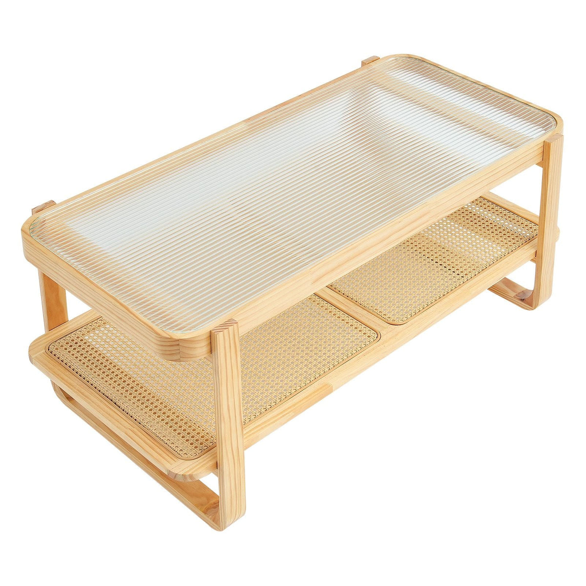 Rattan Coffee Table, Rectangle Rattan Woven Wood Coffee Table with Tempered Glass Top, 45-Inch Modern Boho Storage Coffee Table with Natural Wood Legs, for Living Room, Bedroom & Small Spaces