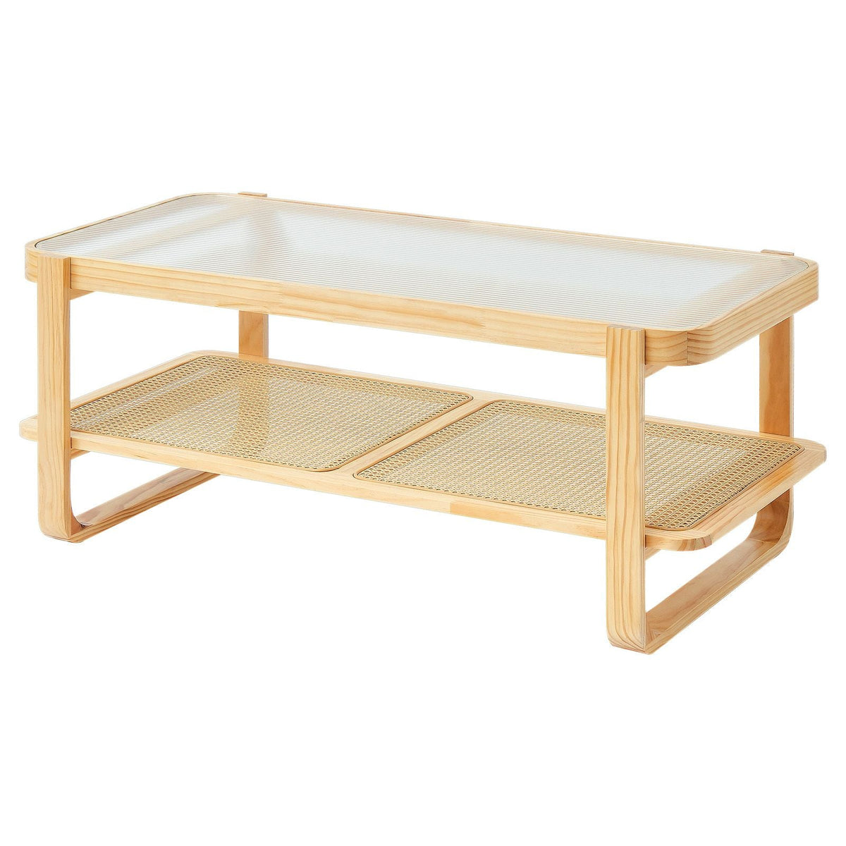 Rattan Coffee Table, Rectangle Rattan Woven Wood Coffee Table with Tempered Glass Top, 45-Inch Modern Boho Storage Coffee Table with Natural Wood Legs, for Living Room, Bedroom & Small Spaces