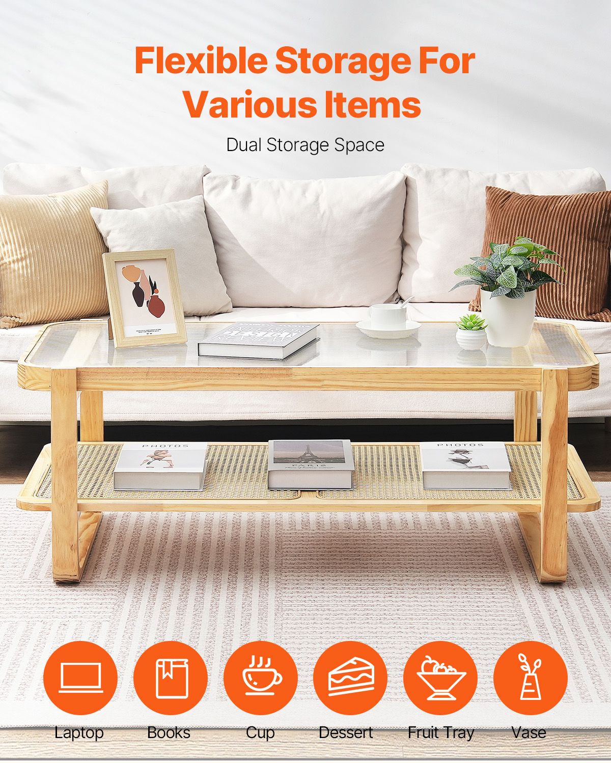 Rattan Coffee Table, Rectangle Rattan Woven Wood Coffee Table with Tempered Glass Top, 45-Inch Modern Boho Storage Coffee Table with Natural Wood Legs, for Living Room, Bedroom & Small Spaces